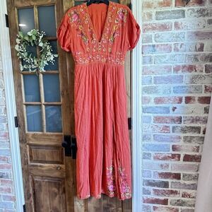Free People Paisley Embroidered‎ Boho Floral Maxi Dress Burnt Orange Small